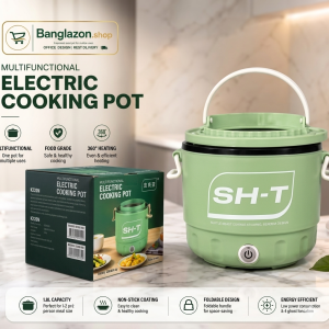 Green multifunctional electric cooking pot with 1.8L capacity, non-stick coating and SH-T branding by Banglazon.